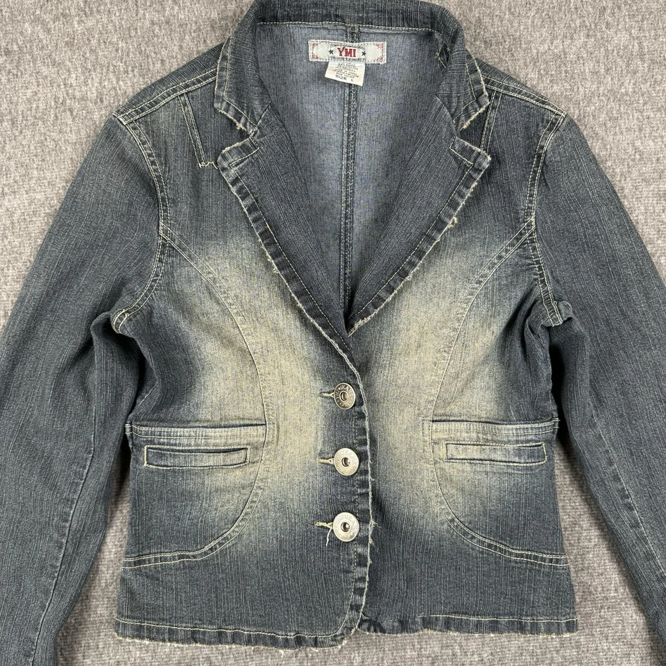 Chaqueta de mezclilla YMI para mujer grande azul jean desgastado grunge desteñido informal Y2K Foto 2 de 4