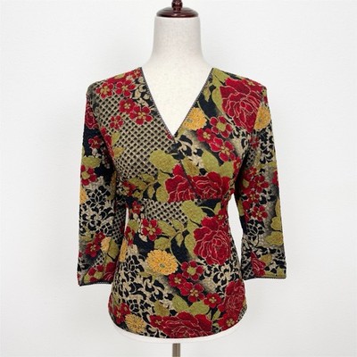 Vtg 90s Babydoll Top Womens Medium Red Green Asian Floral Print Y2K Empire Waist