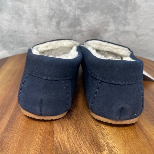 Lands' End Slippers Boys 3 Navy Suede Leather Faux Fur Lined Moccasin Youth Kids - Picture 6 of 12