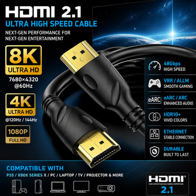 HDMI 2.1 Cable 8K 48Gbps Ultra High Speed 4K 120Hz 144Hz eARC HDR Braided UHD