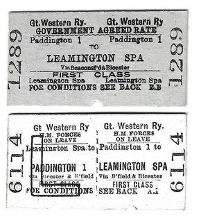 Railway Tickets 2No. G W R PADDINGTON to LEAMINGTON SPA 1st Cl Gov. Rate Etc