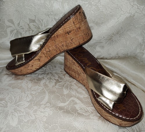 Sam Edelman Ramsey Cork Wedge Gold Leather Womens 7.5M Shoes NWOB - Picture 12 of 14
