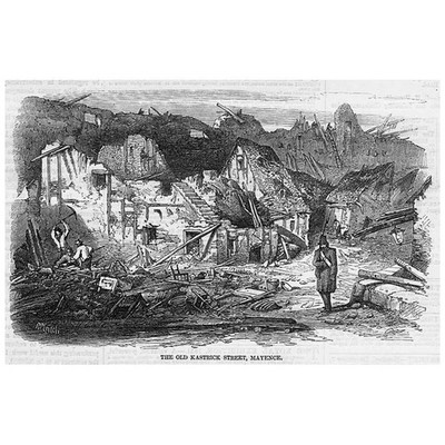 DEUTSCHLAND Alte Kastrickstraße in MAINZ nach der Explosion - Antiker Druck 1857