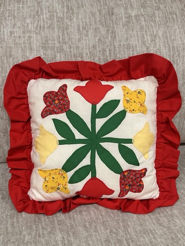Handmade Vintage Stitched Quilted Red Yellow Tulip Pillow Cottagecore 70s