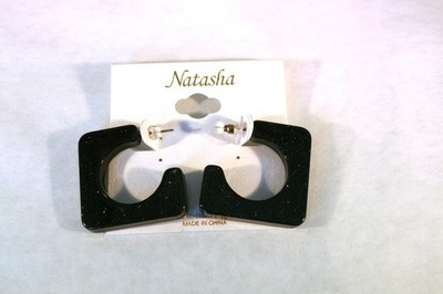 Natasha silver tone black sparkle square open hoop earrings 1 1/2''