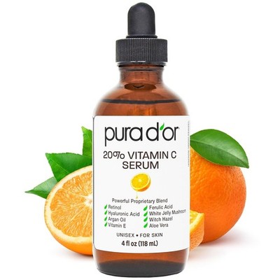 PURA D OR Unisex 20% Vitamin C Facial Serum 4oz Hyaluronic Acid Skincare Formula