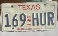 Texas Sesquicentennial (1836-1986) License Plate 169 HUR - State of Texas