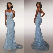 NWT Glacier Blue Alyce Paris Lace Sequin Pearl Bow Mermaid Pageant Prom Dress 12