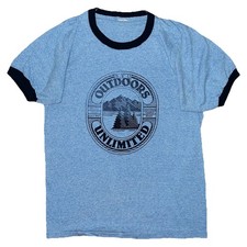 Vtg 80s Unbranded BYU Outdoors Unlimited Store Blue USA Made Ringer T Shirt Med
