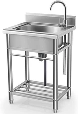 Utility Free Standing Stainless Steel Single Bowl Kitchen Sink w/Hot/Cold Water