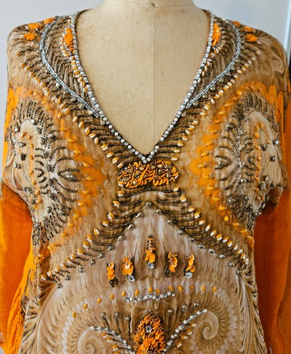 Blusa XL vintage ETINCELLE COUTOUR 100% seta arancione e marrone perline trasparente - Foto 2 di 10