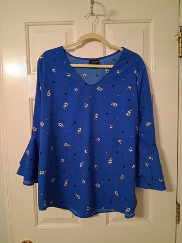 LIZ CLAIBORNE CAREER Women's SZ XL 3/4 Bell Sleeve Blue Floral Shirt