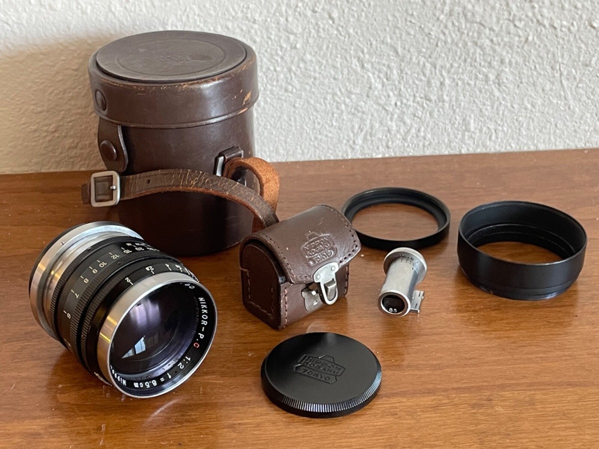 Nikon Nikkor PC 8.5cm f2 BLACK RF lens EP stamped w Finder, cases 
