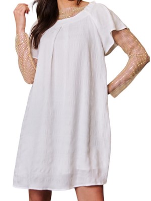 White Textured Ruffle Off Shoulder Shift Dress 