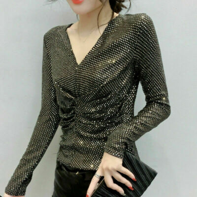 Pailletten Shirt Damen Top Bluse Party Clubwear Disco Glänzend Glitzer Rüschen