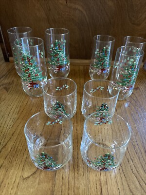 Vintage Luminarc Noel Christmas Tree Glass Set of 10 Cooler Beverage On the Rock