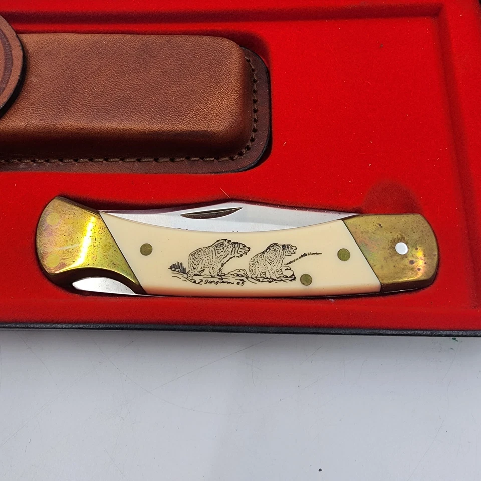 NAVAJA DE BOLSILLO PLEGABLE VINTAGE SCHRADE SC507 SCRIMSHAW TIGERS HECHA EN EE. UU. Foto 3 de 4