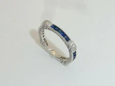 1/2 CTW Blue Baguette CZ Art Deco Antique Style Wedding Band Ring In 925 Silver