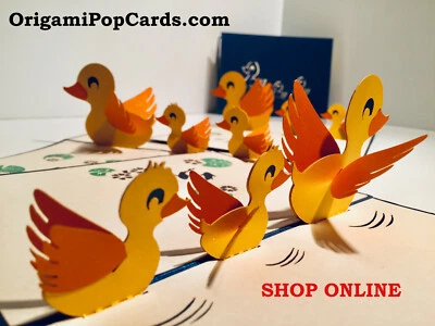 ORIGAMIPOPCARDS.COM Origami Pop Cards Yellow Duckie Family 3D Pop Up Greeting Card Birthday 12x17cm.