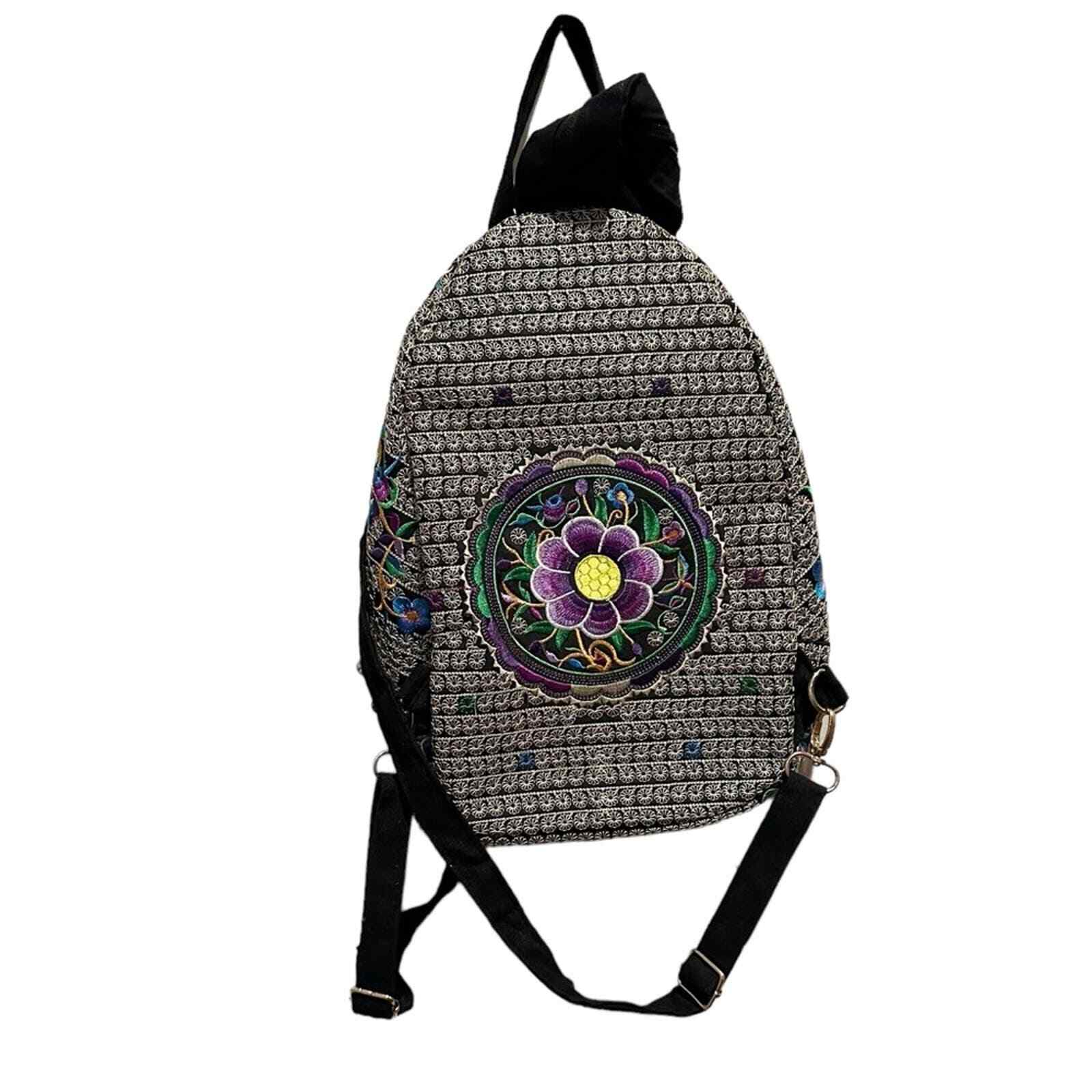 Floral Embroided Backpack Boho Bohemian Black Pur… - image 1