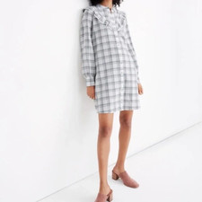 Madewell Plaid Ruffle Yoke Shirt Dress Shifted Window Frosted Sage Size XXS