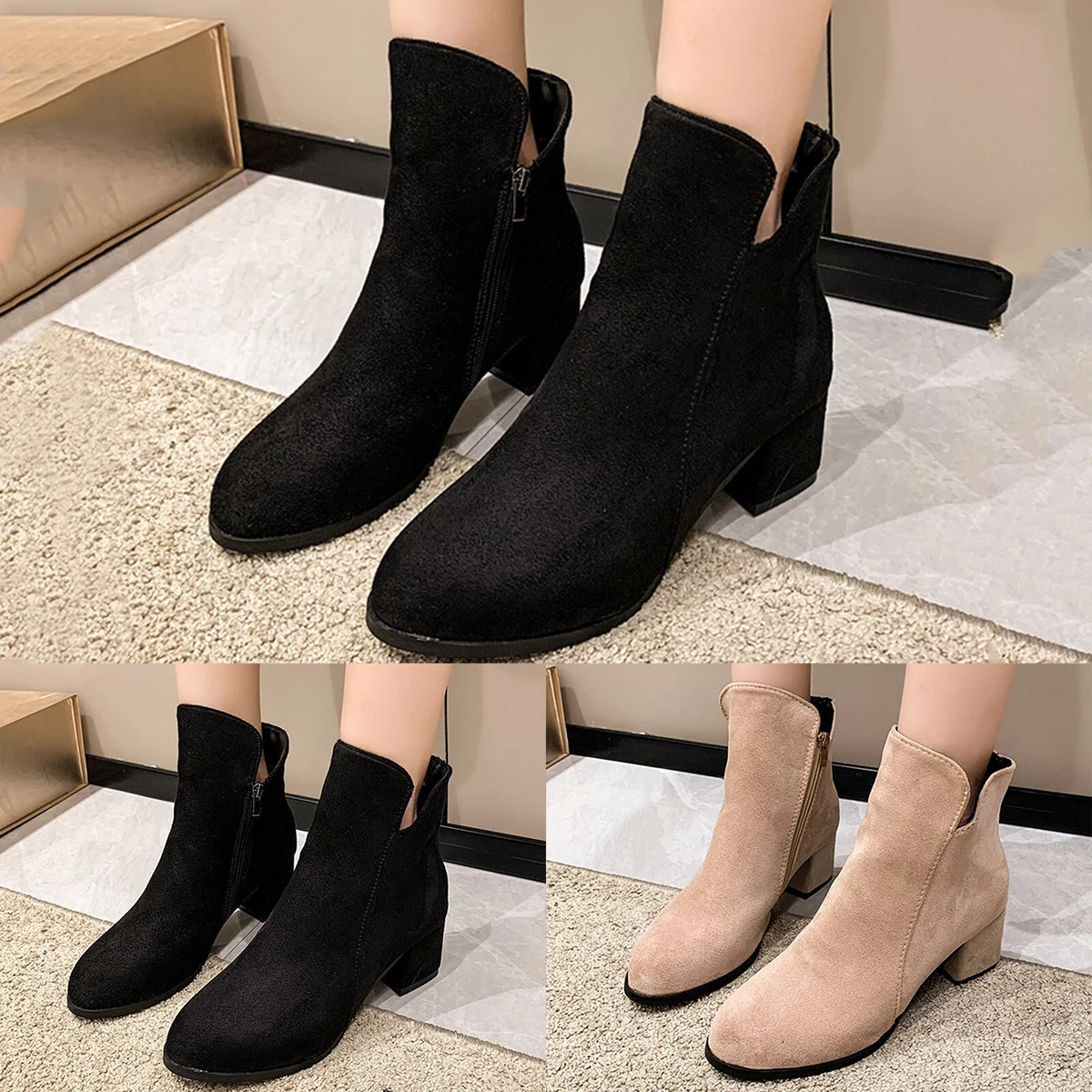 Womens Boots Suede Side Zipper Ankle Boots Large Size Low Tube High Heel  Thick | eBay