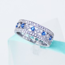 925 Sterling Silver Blue Sapphire Cubic Zirconia cz Women Eternity Wedding Band