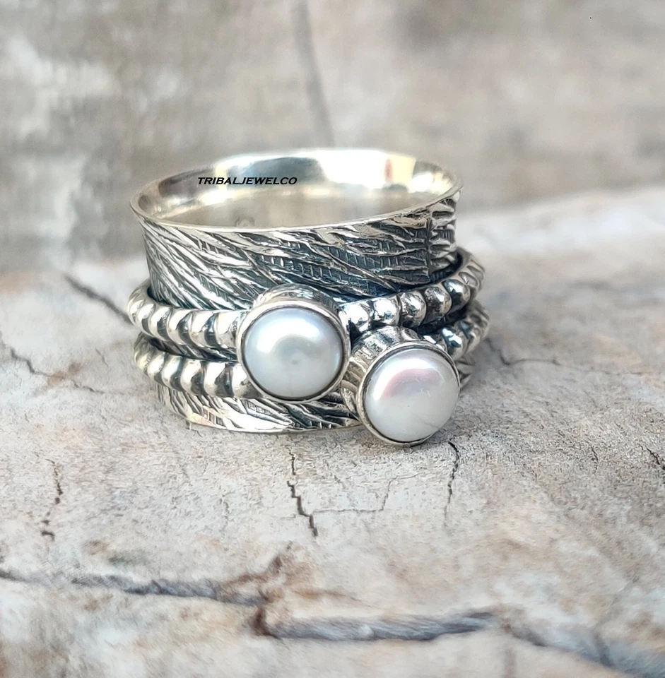 925 Sterling Silver Pearl Spinner Ring Handmade Ring Gemstone Ring Gift For her - Image 4 of 4