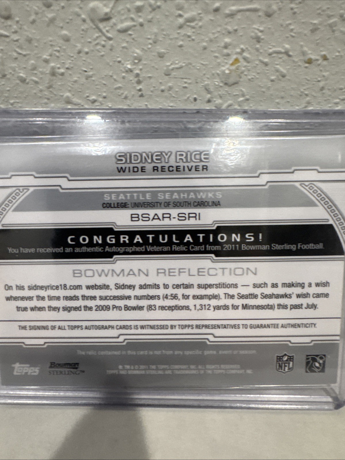 2011 Topps Bowman Sterling Patch Auto 44/50Sidney Rice Philadelphia Eagles view 10