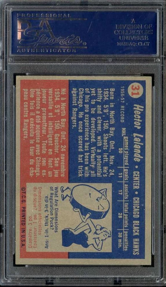 1957-58 TOPPS #31 HEC LALANDE PSA 6 (RC) BLACKHAWKS NICELY CENTERED *DS15479 - Image 2 of 2