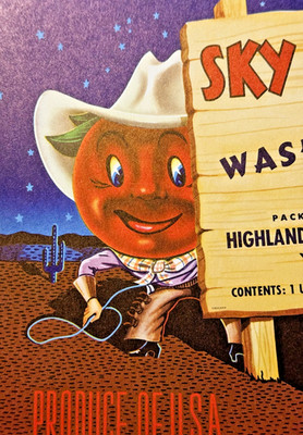 Vintage 1950s Sky Ranch Apples Crate Label, Yakima, WA, Cowboy Rodeo Apple Decor