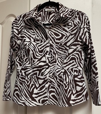David N Linen Blend Top Button Up Blouse Peplum Brown Animal Print Women's M