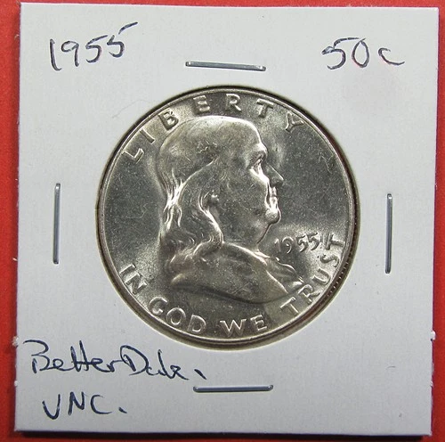 1955 50c U.S. Franklin half dollar. Uncirculated. Better date. 90% silv.(126041)