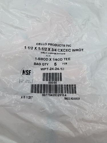 Cello Products WPT-24-24-12 Copper Tee Fitting 1-1/2 X 1-1/2 X 3/4 5ct Canada