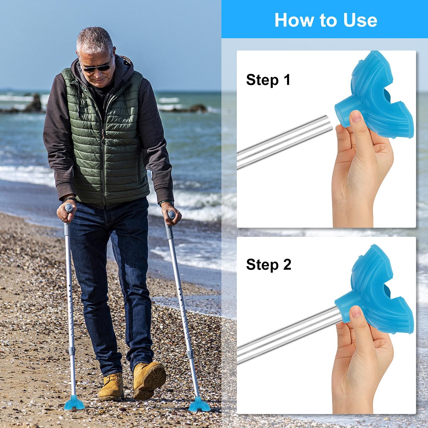 3/4-inch Glow-in-the-Dark Cane Tip Self-Standing Quad Base for Walking