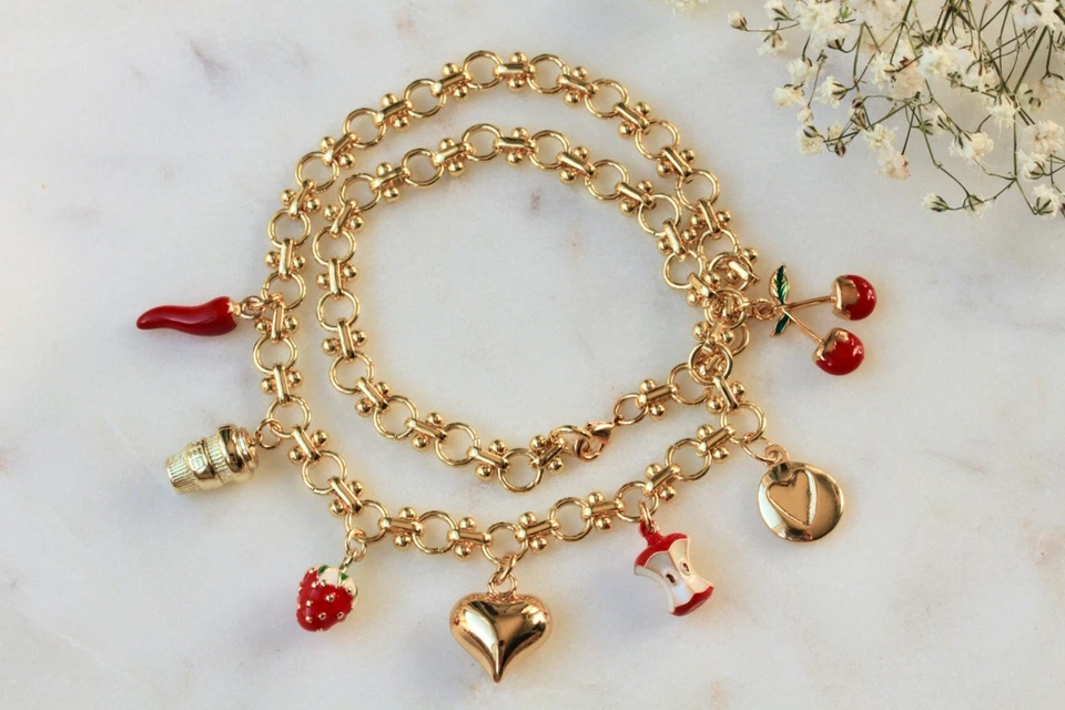 Charm Kette Tapas Herz Kirschen mediteran Sommer Halskette Geschenk Frauen Trend - Bild 2 von 4