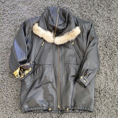 VTG 90's Leather Coat Womens Medium Black Butter Soft Hooded Fur Mob Wife Rapper