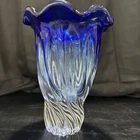 Vtg Shannon Glass Large Cobalt Blue To Clear Vase Ruffled Edge 9.5” Swirl Murano