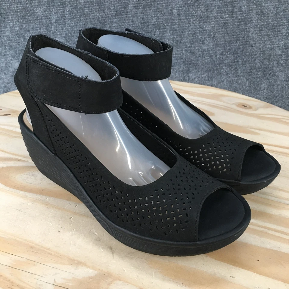 Sandalias Clarks para mujer 8 M Reedly correa de tobillo punta abierta cuña cuero negro Foto 3 de 4