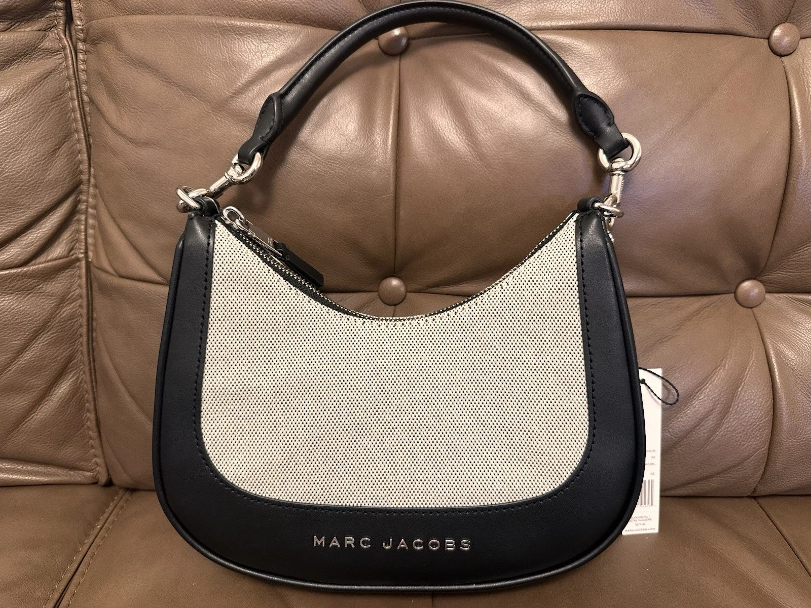 Marc Jacobs Natural Black Canvas Leather Hobo Shoulder Handbag Purse