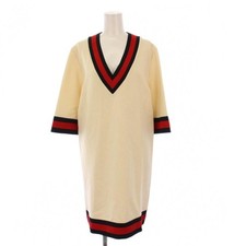 Gucci V-Neck Web Line Dress 3/4 Sleeve Knee Length Beige S New With Tag