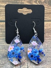 Hypoallergenic Dangle Drop Earrings Blue Pink Rose Flowers Acrylic Charms RTS