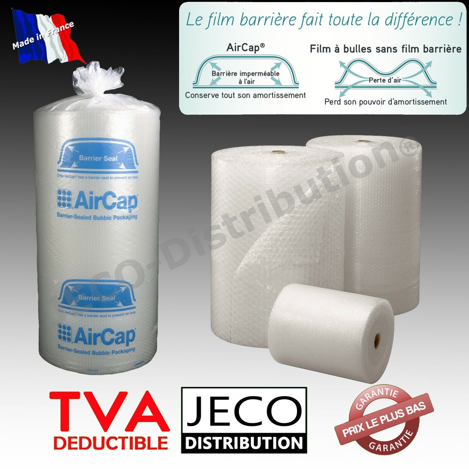Rouleau film papier Bulle AIRCAP®/Jovicap® emballage largeur 50cm ou 100cm Ø10mm