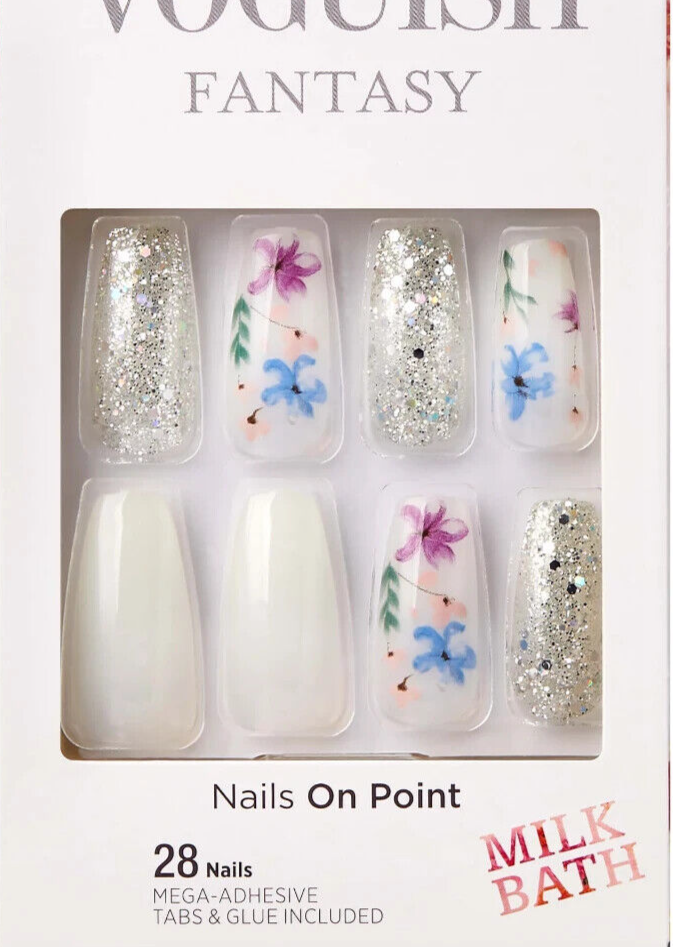 KISS VOGUISH FANTASY 28 GLUE ON NAILS LONG LENGTH WHITE FLORAL NOT JUST A FAD