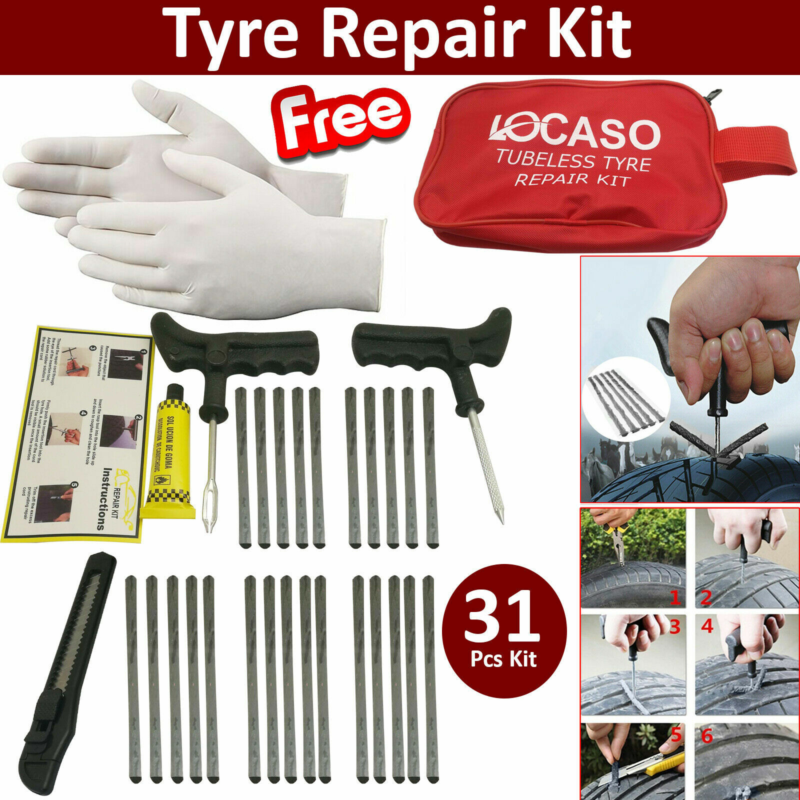 31 Pieces Emergency Puncture Repair Kit Car Van Motorcycle Tubeless