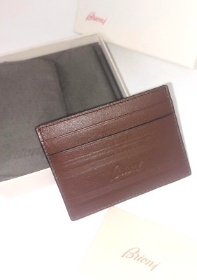 BRIONI Dark Brown Leather Credit Card Holder Wallet Logo NWT