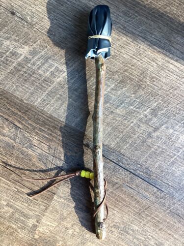 Native American 12 in. drum stick/beater w/4 yellow beads & leather lace strap - Picture 3 of 4