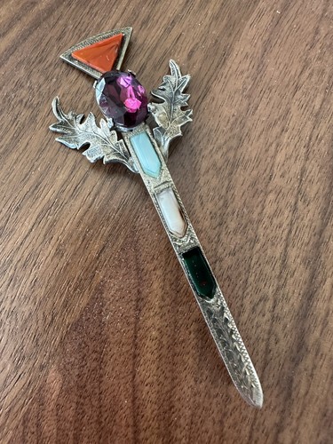 Antique Victorian Scottish Large Dirk Kilt Pin / Brooch, Rhinestones Silver