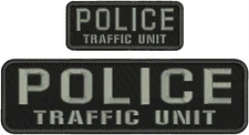 POLICE  TRAFFIC UNIT EMBROIDERY PATCH 3X11 AND 2X5 HOOK ON BACK Gray ON BLACK