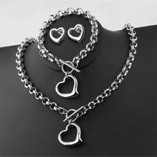 S.Steel Jewelry Set Heart Love Tag Pendant Rolo Chain Necklace Bracelet Earring